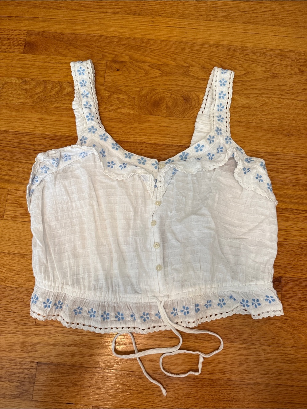 American Eagle Outfitters White Crop Tank with Blue Floral Embroidery